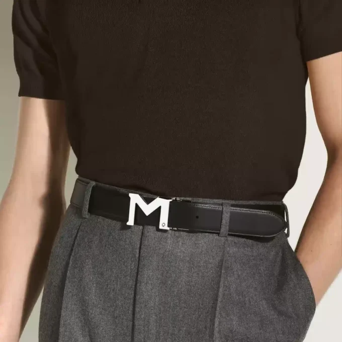 Curea din piele reversibilă cu cataramă M neagră de 35 mm Curea din piele reversibilă cu cataramă M neagră de 35 mm