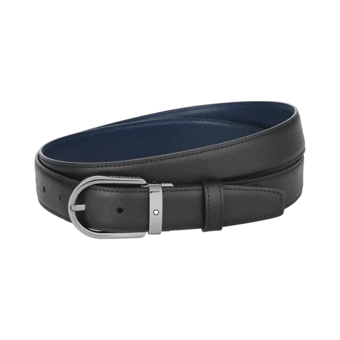Curea din piele reversibilă cu cataramă în formă de potcoavă, negru/albastru, 30 mm Curea din piele reversibilă cu cataramă în formă de potcoavă, negru/albastru, 30 mm
