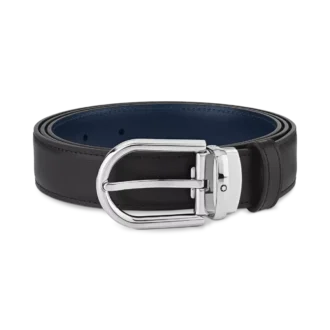 Curea din piele reversibilă cu cataramă în formă de potcoavă, negru/albastru, 30 mm