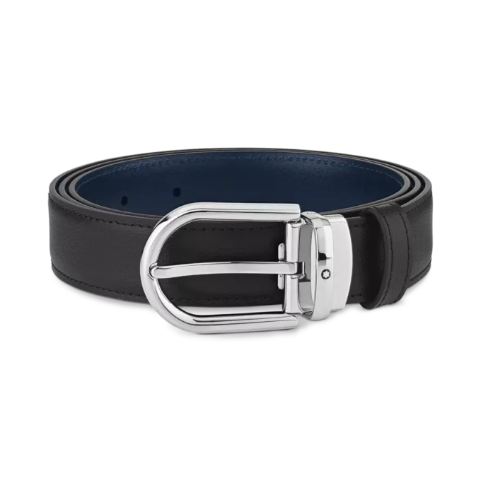 Curea din piele reversibilă cu cataramă în formă de potcoavă, negru/albastru, 30 mm Curea din piele reversibilă cu cataramă în formă de potcoavă, negru/albastru, 30 mm