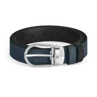Curea reversibilă din piele albastră/neagră cu cataramă în formă de potcoavă, 30 mm
