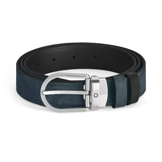 Curea reversibilă din piele albastră/neagră cu cataramă în formă de potcoavă, 30 mm Curea reversibilă din piele albastră/neagră cu cataramă în formă de potcoavă, 30 mm