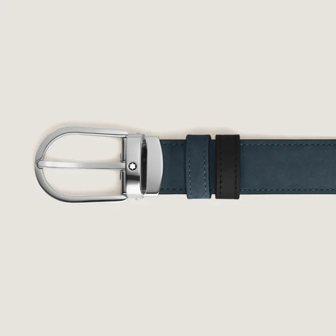 Curea reversibilă din piele albastră/neagră cu cataramă în formă de potcoavă, 30 mm Curea reversibilă din piele albastră/neagră cu cataramă în formă de potcoavă, 30 mm