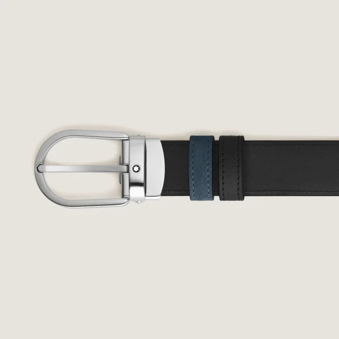 Curea reversibilă din piele albastră/neagră cu cataramă în formă de potcoavă, 30 mm Curea reversibilă din piele albastră/neagră cu cataramă în formă de potcoavă, 30 mm