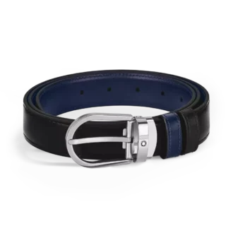 Curea reversibilă din piele cu cataramă în formă de potcoavă, negru/albastru cerneală, 30 mm