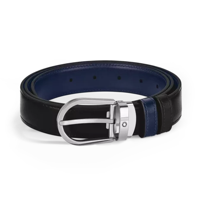 Curea reversibilă din piele cu cataramă în formă de potcoavă, negru/albastru cerneală, 30 mm Curea reversibilă din piele cu cataramă în formă de potcoavă, negru/albastru cerneală, 30 mm