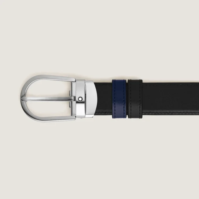 Curea reversibilă din piele cu cataramă în formă de potcoavă, negru/albastru cerneală, 30 mm Curea reversibilă din piele cu cataramă în formă de potcoavă, negru/albastru cerneală, 30 mm